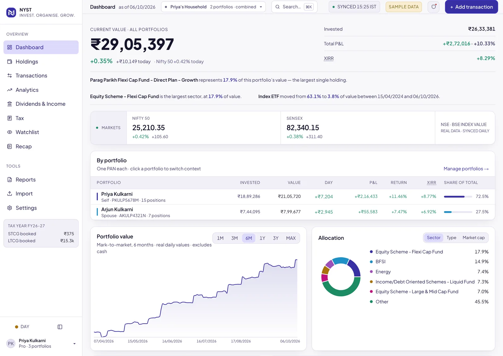 The NYST dashboard with total value, returns, market indices, a portfolio value chart and an allocation donut.