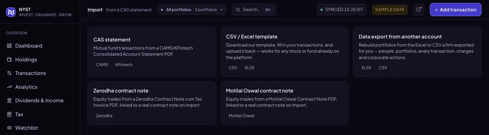 The NYST import page listing CAS statements, CSV and Excel templates and broker contract notes.