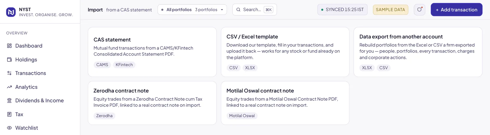 The NYST import page listing CAS statements, CSV and Excel templates and broker contract notes.