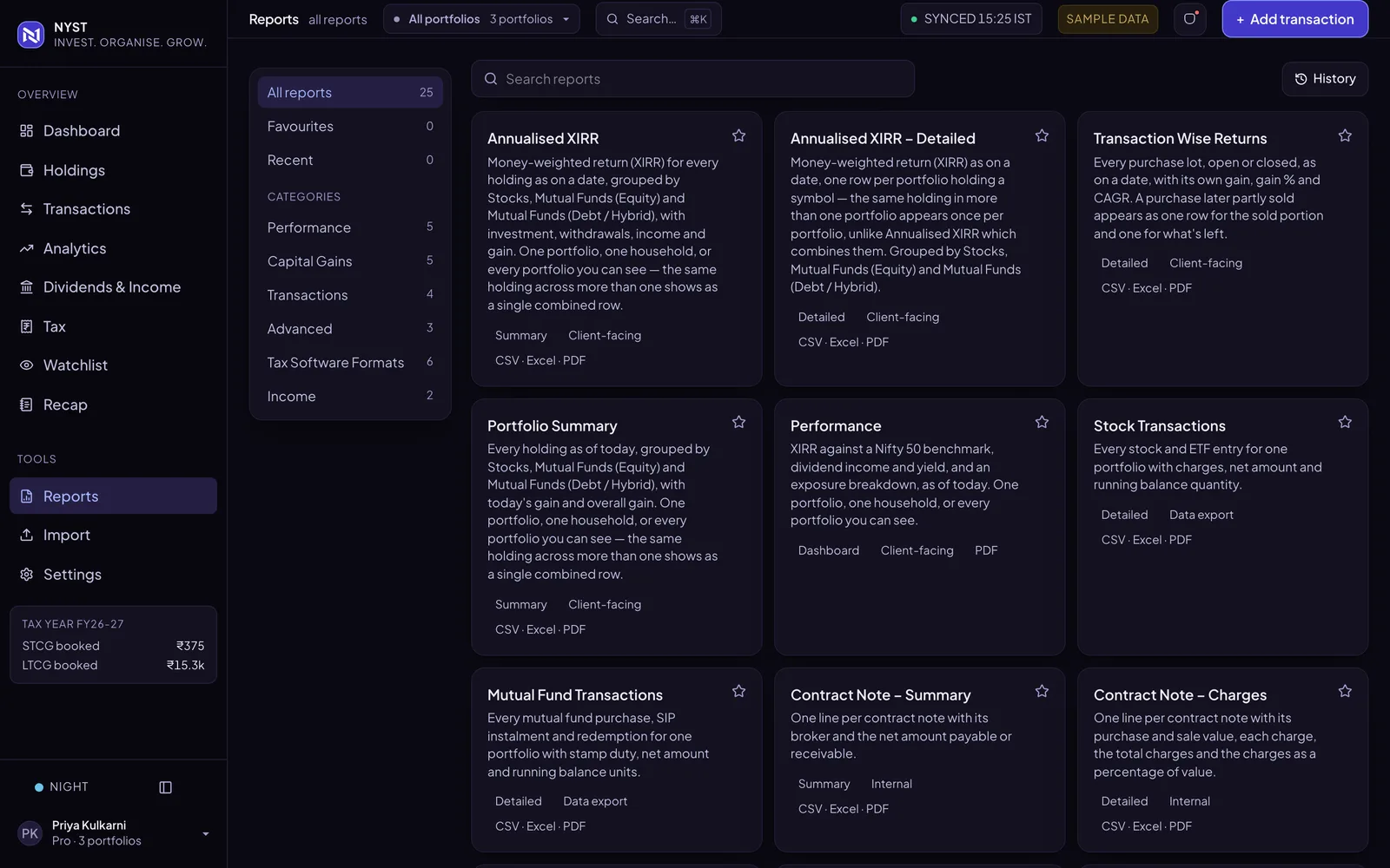 The NYST reports hub showing report cards such as Annualised XIRR, Portfolio Summary and Transaction Wise Returns.