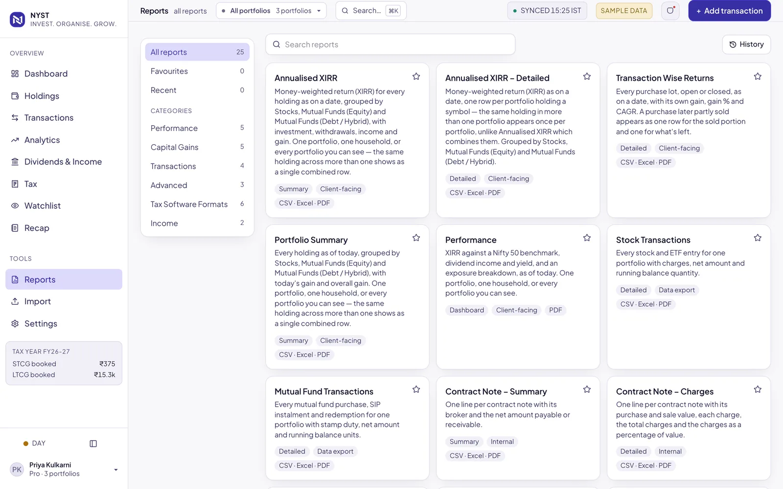 The NYST reports hub showing report cards such as Annualised XIRR, Portfolio Summary and Transaction Wise Returns.