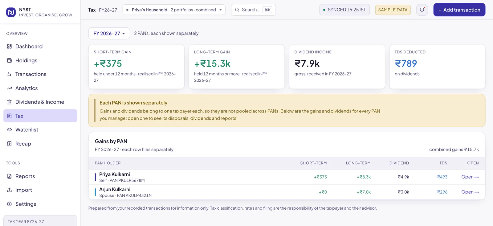 The NYST tax page showing short-term and long-term gains, dividend income and tax deducted for each PAN.